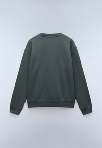 Felpa grigia realizzata in tessuto morbido, con scollo a girocollo, maniche lunghe e polsini e fondo a costine, caratterizzata da una texture liscia e uniforme.