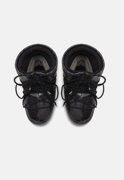 Black glittery ankle boots with a smooth, shiny surface, padded inner lining, and black laces, designed for warmth and comfort.