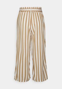 Striped cropped pants in beige and cream, featuring a wide-leg design, elastic waistband, and a lightweight fabric texture.