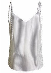 Top bianco senza maniche con righe verticali blu navy, scollatura a V e sottili spalline regolabili. Realizzato in un tessuto leggero con una superficie liscia.