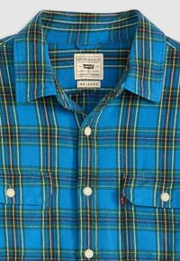 Blauwe en groene geruite flanellen shirt met lange mouwen, knoopsluiting aan de voorkant en twee borstzakken. Heeft witte knopen en gestikte accenten.