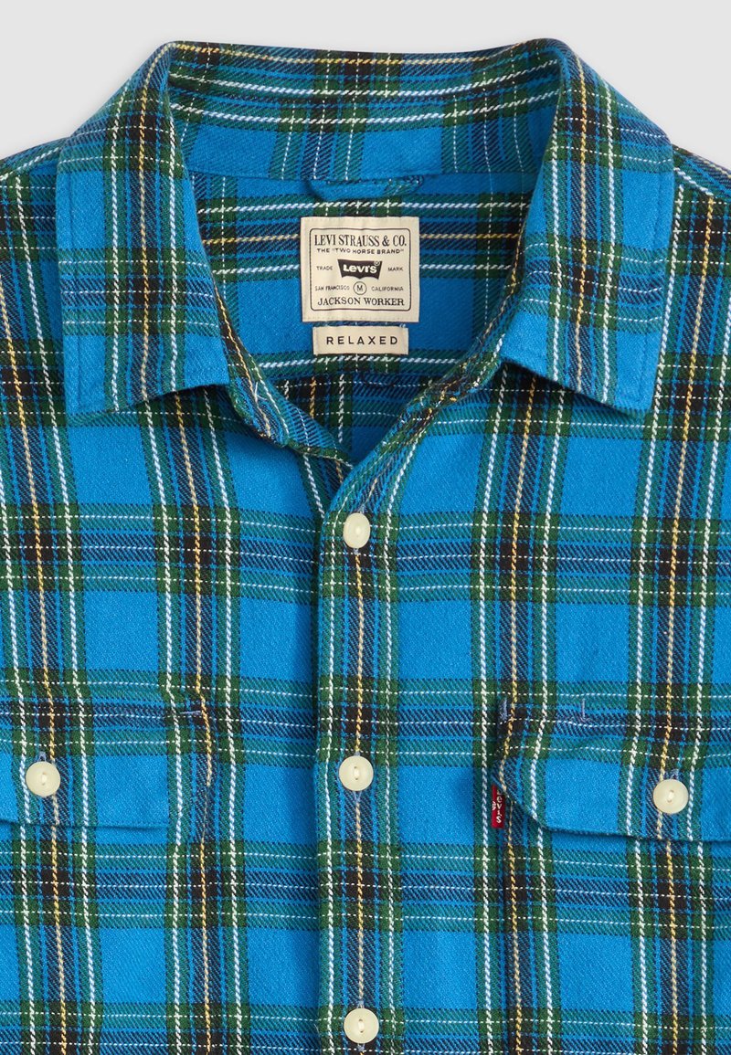 Blau-grünes kariertes Flanellhemd mit langen Ärmeln, Knopfleiste und zwei Brusttaschen. Mit weißen Knöpfen und gestickten Akzenten.