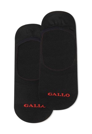 Calzini neri invisibili con una superficie liscia, punta rinforzata e bordo elasticizzato. "GALLO" stampato in rosso sul tallone.