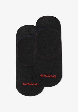 Calzini neri invisibili con una superficie liscia, punta rinforzata e bordo elasticizzato. "GALLO" stampato in rosso sul tallone.