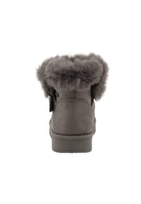 Graue Knöchelstiefel mit einem weichen Kunstfellbesatz am Kragen, glattem, wildlederähnlichem Material und einer flachen Gummisohle für Komfort.