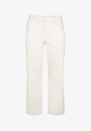 Witte denim broek met een recht model, voorzien van voorzakken, riemlussen en een knoopsluiting. Glad textuur met minimale details.
