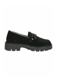 Mustad suede loafers tekstuuriga pealsega, millel on dekoratiivne hõbedane pandla ja jäme must kummitald. Ümar varvaste disain.