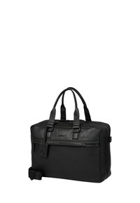 Sac à ordinateur en cuir noir avec poignées doubles, fermeture éclair et bandoulière réglable. Présente un logo de marque en relief sur le devant.