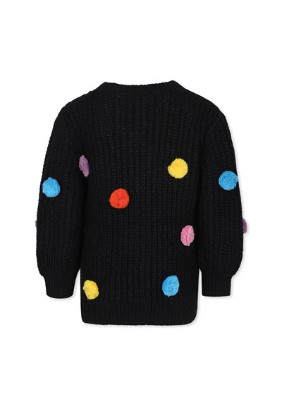 Maglione nero lavorato a maglia con pompon multicolori in rosso, giallo, blu, viola e rosa, con una vestibilità rilassata e polsini a costine.