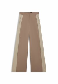 Bruine wijde broek met beige zijpanelen, met een vlakke voorkant, verborgen zakken en een gladde textuur. Tailored design en schone lijnen.