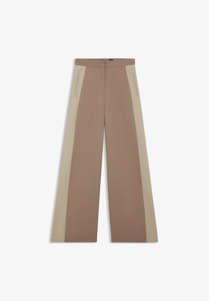 Brown wide-leg trousers with beige side panels, featuring a flat front, hidden pockets, and a smooth texture. Tailored design and clean lines.