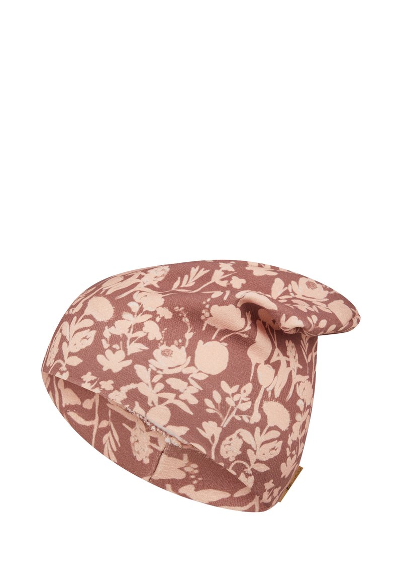 Pink and beige floral-patterned soft fabric hat with a slouchy design and folded brim.