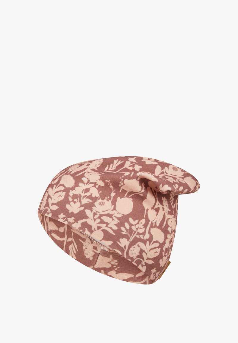 Pink and beige floral-patterned soft fabric hat with a slouchy design and folded brim.