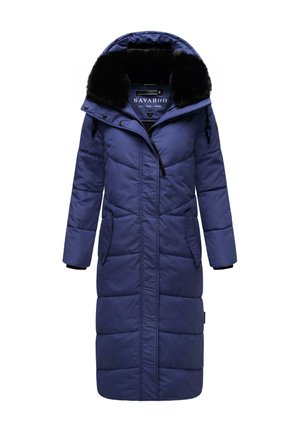 Long navy puffer coat with faux fur collar, zip and snap closure, two side pockets, and quilted pattern for insulation.