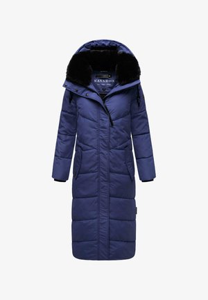 Abrigo largo de plumas azul marino con cuello de piel sintética, cierre de cremallera y botones a presión, dos bolsillos laterales y patrón acolchado para mayor aislamiento.