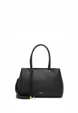 Sac à main en cuir noir texturé avec deux poignées, une bandoulière amovible et des accents métalliques dorés sur fond blanc.