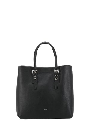 Black leather tote bag with two handles, featuring silver hardware details and a textured finish. Square shape, no visible patterns.