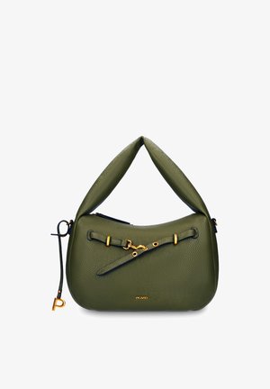 Sac à main en cuir vert olive avec poignée triangulaire souple, détail de boucle dorée et bandoulière noire avec charm doré "P".