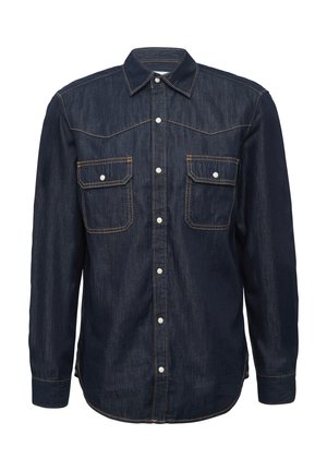 Donkerblauwe denim shirt met lange mouwen, voorzijde met drukknoopsluiting, twee borstzakken met klep en drukknoopsluiting, en contrasterende stiksels.
