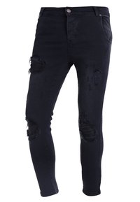 Svart denim skinny jeans med rivna detaljer vid knäna, med hög midja och femfickorsdesign. Slät textur med knappstängning.