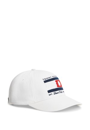 Biela baseballová čiapka s námorníckym modrým a červeným vyšívaným logom Tommy Hilfiger a textom "Desert Palm" na prednej časti.