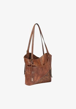 Brown leather shoulder bag with a textured finish, curved design, a patterned panel, and a zippered pocket on the side. Two shoulder straps.