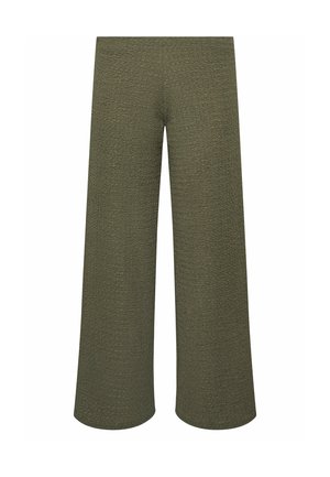 Pantalon large texturé vert olive avec une taille haute et sans fermetures ni poches visibles.