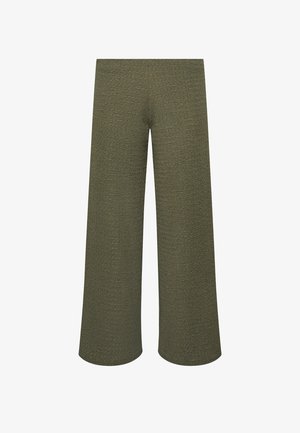 Pantalon large texturé vert olive avec une taille haute et sans fermetures ni poches visibles.