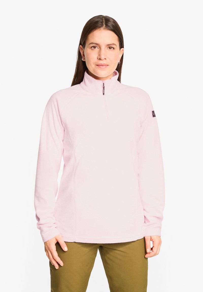 Hellrosa Fleece-Pullover mit einem Reißverschlusskragen, langen Ärmeln und einem Logo-Patch am linken Ärmel. Weiche Textur und entspannte Passform.