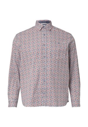 Overhemd met knopen, wit van kleur, met een stippenpatroon in rood, blauw en marineblauw. Lange mouwen en een borstzak.