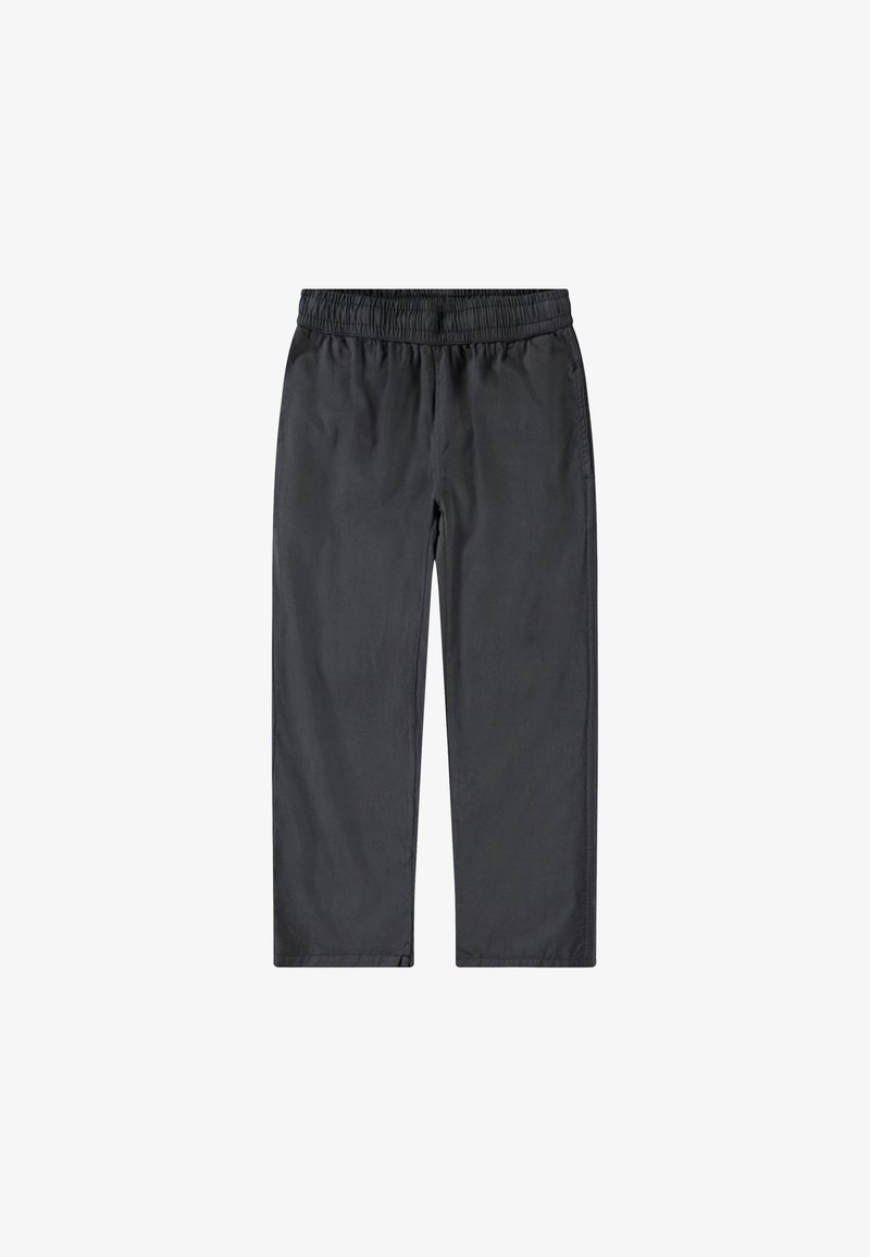 Black, lightweight jogger pants with an elastic waistband, straight cut, and smooth texture. No visible patterns or hardware details.