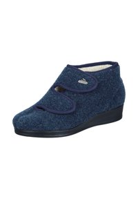 Navy blue, felted fabric ankle boot with two adjustable hook-and-loop straps, rounded toe, and a low wedge sole. Features a soft interior lining.