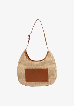 Borsa a spalla in paglia intrecciata con dettagli in pelle marrone. Presenta una singola tracolla e una silhouette curvilinea. Texture liscia in tutto il corpo.