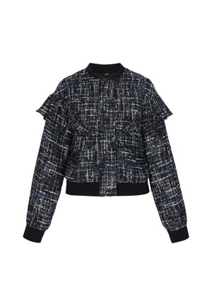 Veste en tweed texturée noire, bleue et blanche avec des détails à volants, manches longues, col côtelé noir, poignets et ourlet.