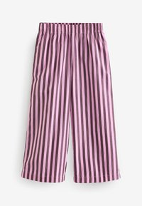 Rosa und braune vertikal gestreifte, cropped Hose mit einem elastischen Bund und einer glatten Textur. Keine Taschen oder zusätzliche Verzierungen.