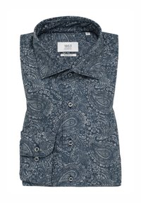Blauw paisley-gepatteerd shirt, van katoen, gevouwen met een moderne pasvorm. Heeft een spread collar en donkere knopen aan de voorkant.