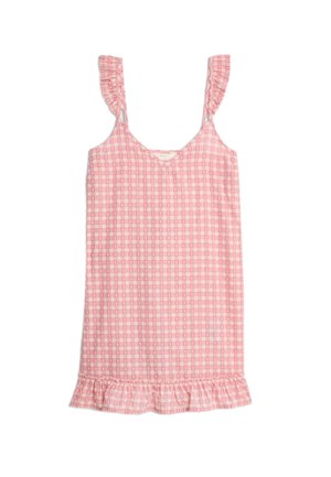 Robe sans manches rose avec des bretelles froncées, motif à carreaux et un ourlet froncé. Tissu léger, décolleté en V, longueur au-dessus du genou.