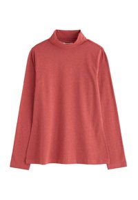 Hosszú ujjú, garbós felső korallszínben. Puha, rugalmas anyagból készült, laza fazonban, sima, lekerekített alsó szegéllyel. Nincsenek látható minták.