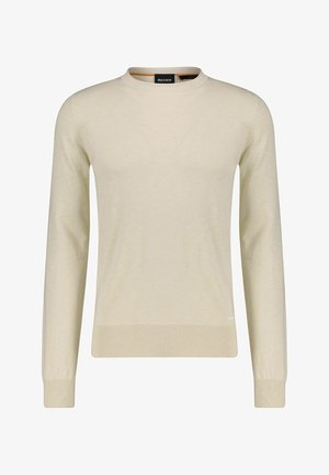 Beżowy sweter z długim rękawem i okrągłym dekoltem, z prążkowanymi mankietami i dolnym brzegiem, z subtelną teksturą i małą metką logo blisko dolnej krawędzi.