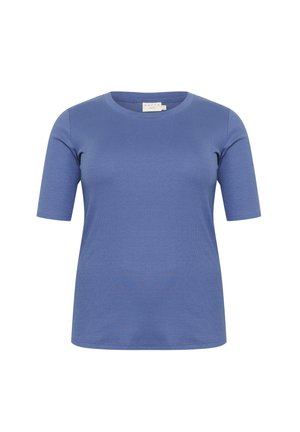 Blue short-sleeve crew neck women's top with a smooth, slightly textured fabric and a label at the neckline.