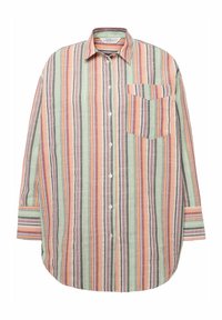 Gestreepte lange mouw blouse in pastelkleuren. Gemaakt van lichte stof, met een knoopsluiting aan de voorkant, een puntige kraag en een borstzak.
