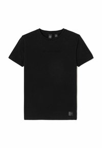 T-shirt in cotone nero con scollo rotondo, maniche corte, una texture liscia e un piccolo cartellino etichetta sul lato in basso a sinistra.