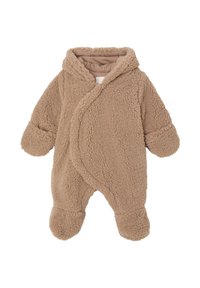 Tan baby snowsuit made of soft, textured fleece. Features a hood, wrap design, and footed legs. Cozy and warm for cold weather.