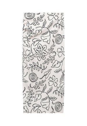 Bijela tkanina s crnim crtežom uzorka cvijeća i lišća s zavojima, prikazana u pravokutnom obliku. Mekana tekstura.