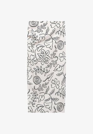 Bijela tkanina s crnim crtežom uzorka cvijeća i lišća s zavojima, prikazana u pravokutnom obliku. Mekana tekstura.