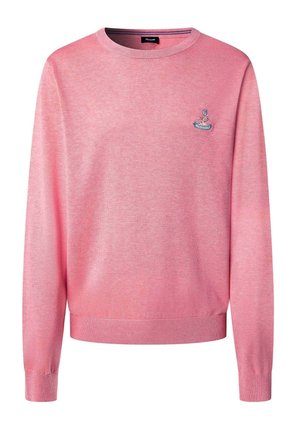 Roze gebreide trui met een ronde hals, voorzien van ribgebreide manchetten en zoom, en een klein geborduurd ontwerp op de borst. Zachte textuur.
