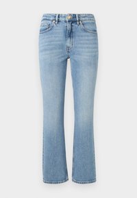 Jeans in denim azzurro chiaro con design a zampa d'elefante, vita alta, cinque tasche e dettagli in oro. Presentano una finitura sbiadita e dettagli ricamati.