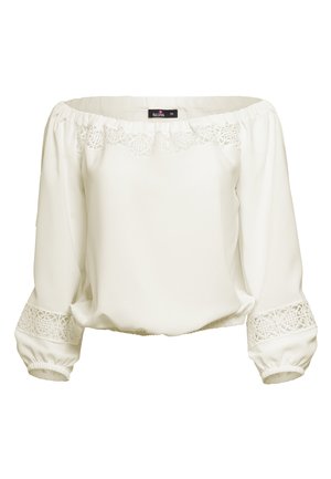 Biała bluzka typu off-the-shoulder z koronkowymi detalami przy dekolcie i rękawach, z elastycznymi mankietami oraz luźnym, swobodnym krojem.