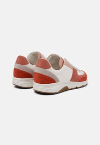 Buty sportowe z białą siateczką, pomarańczowymi i szarymi akcentami z zamszu oraz teksturowaną gumową podeszwą. Zawiązywany model z wyściełanym kołnierzem.