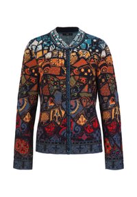 Texturovaný cardigan s vícebarevným vzorem tvarů v červené, modré, zelené a žluté barvě, s kulatým límcem a předními knoflíky.